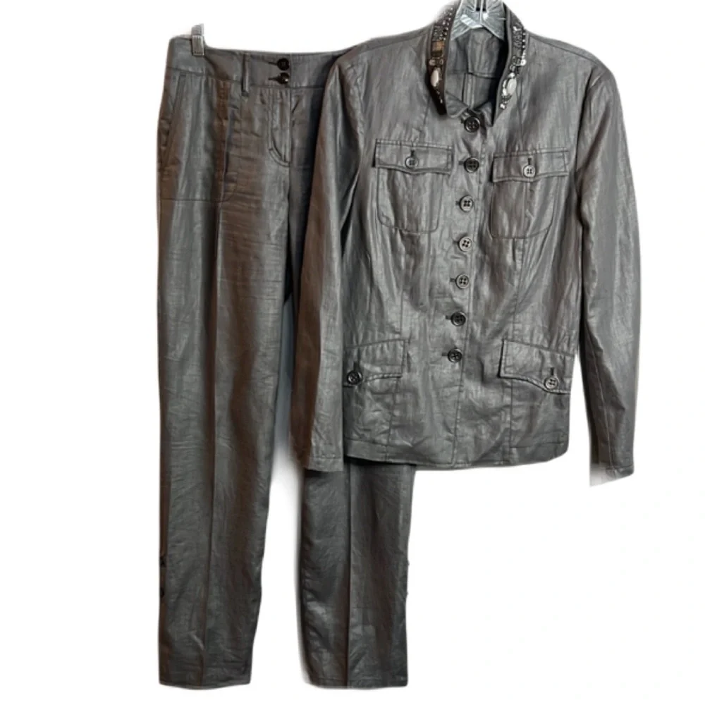 Luisa Cerano Sz 8 Gray Blazer Embellished Collar 2pc Pant Set Linen Lagenlook
